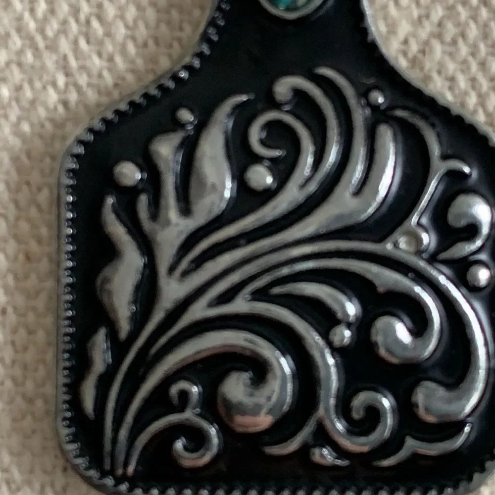 Men’s Western Cow Tag Pendant Necklace Silver Tone with Turquoise Accent